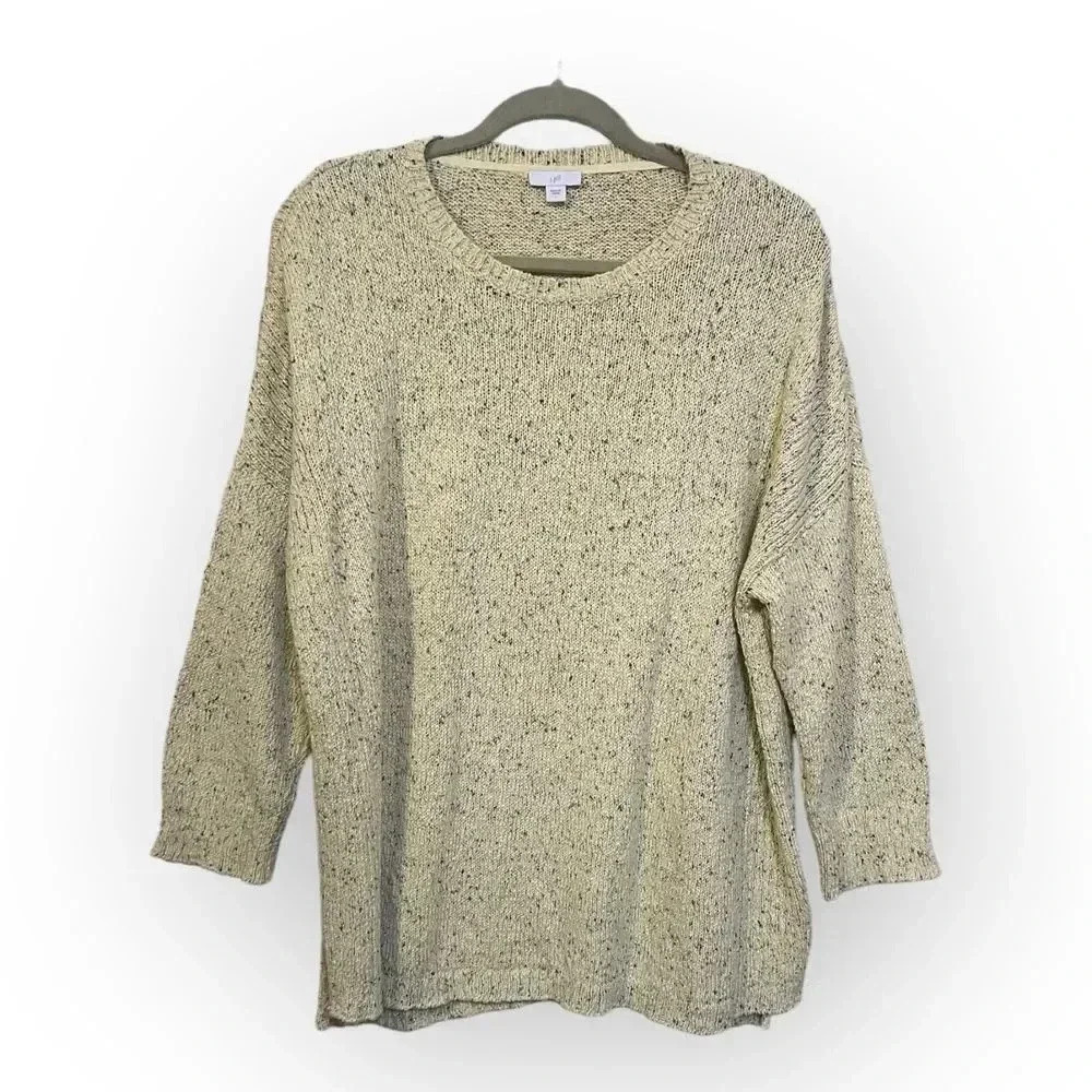 J.Jill Womens Pale Yellow Marled‎ Flecked 3/4 Sleeve Sweater Sz L Spring Cotton